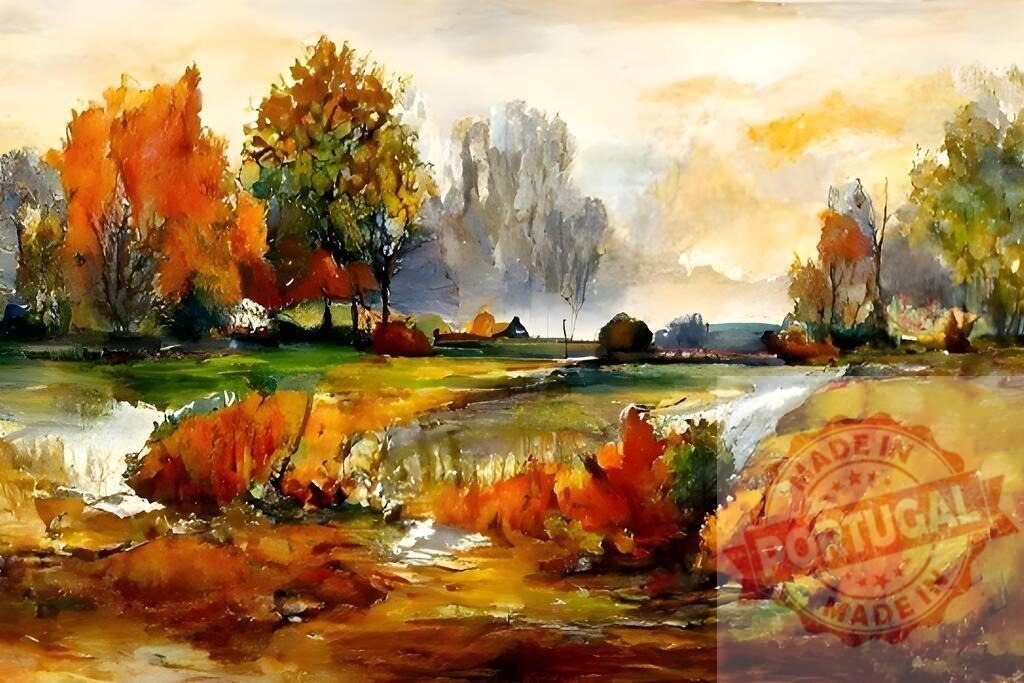 Watercolor painting autumn landscape with river and colorful trees | Watercolor painting depicting an autumn landscape with a winding river and vibrant foliage under a cloudy sky - Realized with Pictrs.com