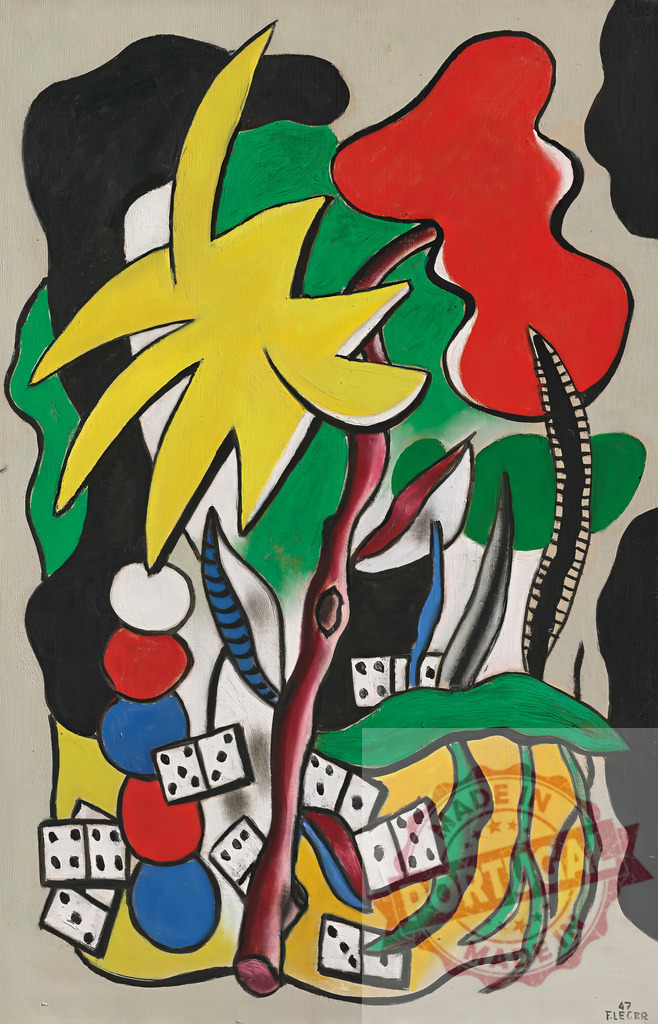 Fernand Léger cubist still life with dominoes and plants | Fernand Leger Fernand Léger modern abstract painting displaying colorful shapes, plants, and dominoes in bold outlines - Realized with Pictrs.com