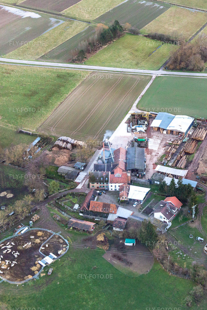 Luftbild: Holzwerk Orth an der Schaidter Mühle im Ortsteil Schaidt in Wörth im Bundesland Rheinland-Pfalz in Deutschland. Foto: IMG_130363.jpg vom 06.01.2022 durch Werner Riehm/FLY-FOTO.de