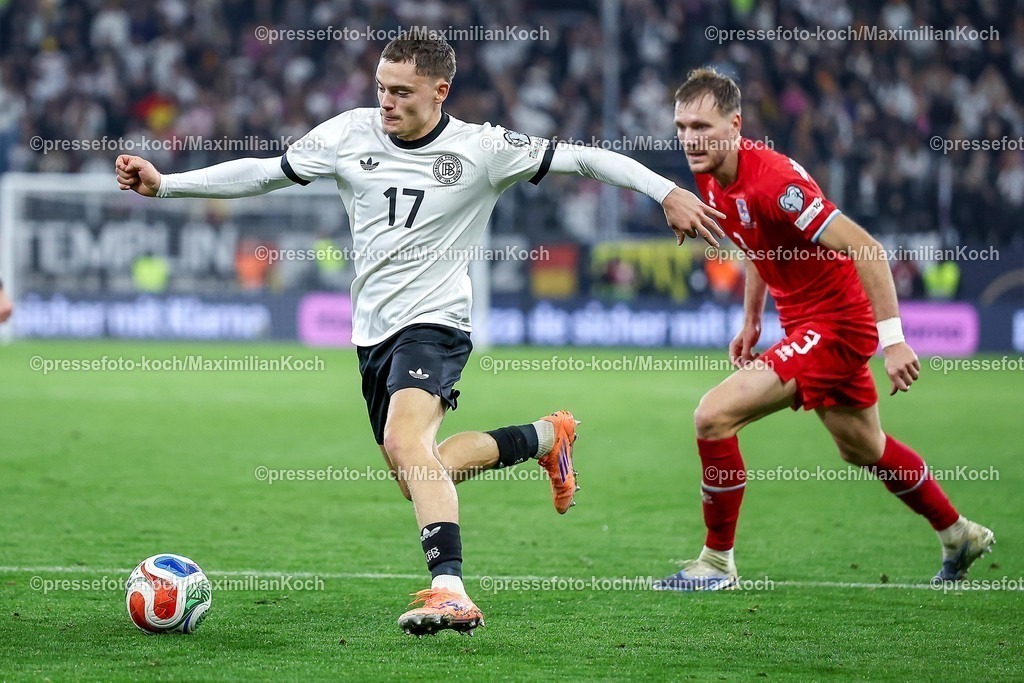 DFB10102501134 | 10.10.2025, Fußball, Länderspiel, Deutschland - Luxemburg, UEFA WM-Qualifikation, 2025/2026, Gruppe A, PreZero Arena in Sinsheim: Florian Wirtz (GER #17) im Zweikampf gegen  Enes Mahmutovic (LUX #03) DFB regulations prohibit any use of photographs as image sequences and or quasi-video.