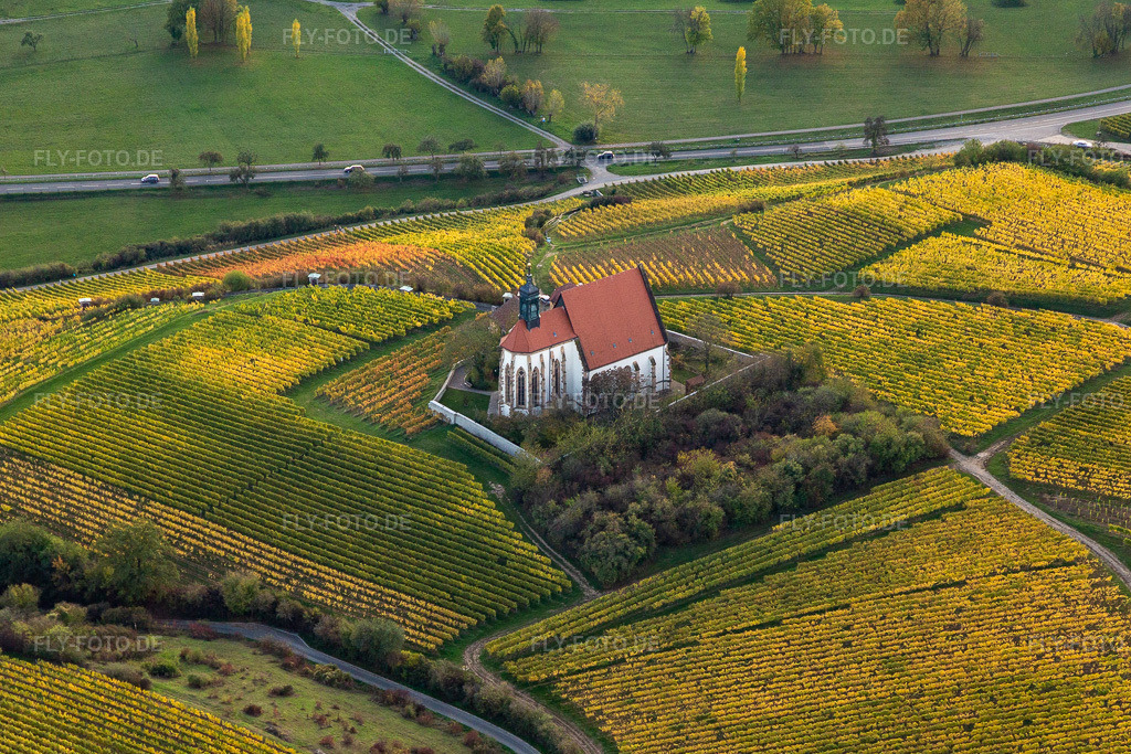 Luftbild: Wallfahrtskirche Maria im Weingarten in Volkach im Bundesland Bayern in Deutschland. Foto: IMG_119686.jpg vom 26.10.2019 durch Werner Riehm/FLY-FOTO.de