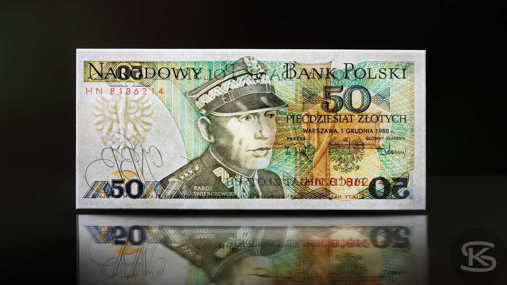 Polen 50 Złoty Banknote 1988 – General Karol Świerczewski | Detailaufnahme einer historischen polnischen 50-Złoty-Banknote von 1988 mit dem Porträt von General Karol Świerczewski. Ein Stück der kommunistischen Ära Polens. - Realisiert mit Pictrs.com