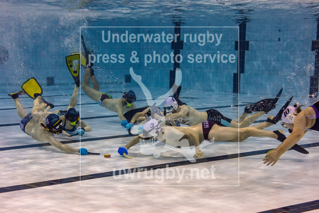 Unterwasser-Hockey: Rückrunde Liga 2023/2024 - Bild 7 | TCO Weinheim 1 in blau gegen Spielvereinigung Hannover / Elsmhorn in weiß. Spiel im Mittelfeld des Spielfeldes auf ca. 2m Wassertiefe. - Realisiert mit Pictrs.com