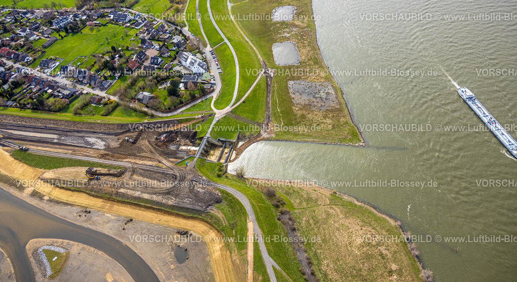 Dinslaken230301202Emschermuendung | Luftbild, Fallbauwerk Emschermündung, Bauarbeiten neue Emschermündung in den Fluss Rhein, Renaturierung der Emscher, Neugestaltung und Umlegung der Emschermündung, Eppinghoven, Dinslaken, Ruhrgebiet, Nordrhein-Westfalen, Deutschland
