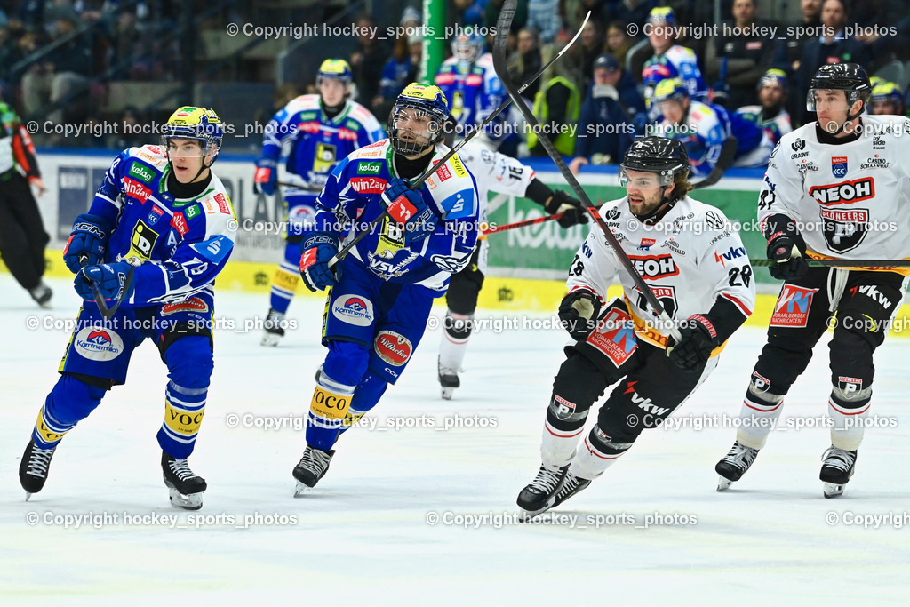 EC IDM Wärmepumpen VSV vs. Pioneers Vorarlberg | #47 Casey Dornbach Pioneers Vorarlberg, #28 Louie Roehl Pioneers Vorarlberg, #14 Johannes Tschurnig EC VSV, #78 Felix Maxa EC VSV, EC IDM Wärmepumpen VSV vs. Pioneers Vorarlberg, EC IDM Wärmepumpen VSV vs. Pioneers Vorarlberg am 22.02.2026 in Villach (Stadthalle Villach), Austria, (Photo by Bernd Stefan)