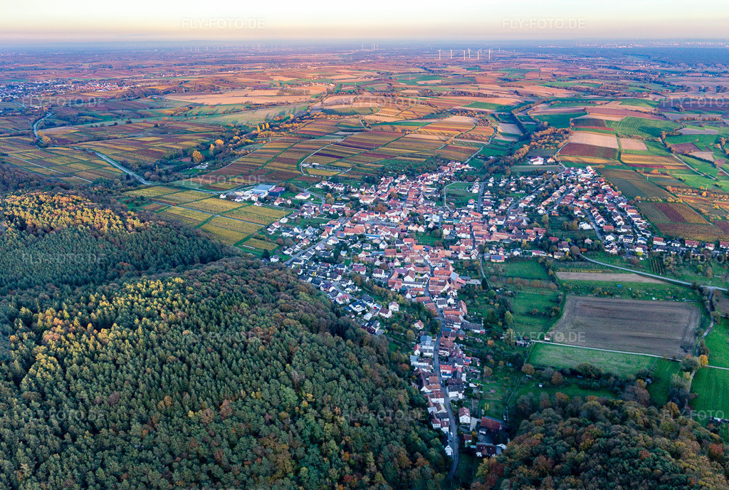 Luftbild: Ortsansicht von Westen im Ortsteil Rechtenbach in Schweigen-Rechtenbach im Bundesland Rheinland-Pfalz in Deutschland. Foto: IMG_143724-Pano.jpg vom 25.10.2024 durch Werner Riehm/FLY-FOTO.deAuflösung des Originals: 6843 x 4598 px