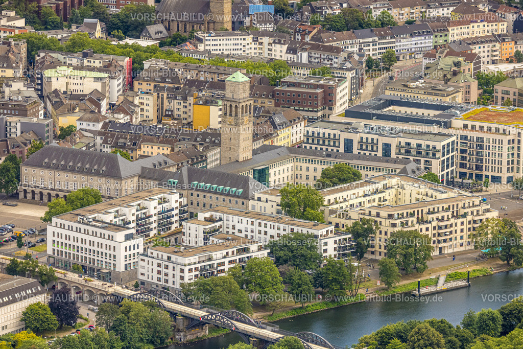 Muelheim240702975 | Luftbild, City Stadtzentrum Ruhrpromenade und historisches Rathaus, kleiner Stadthafen, Stadtviadukt und Radschnellweg Ruhr RS1, Fluss Ruhr, Altstadt II, Mülheim an der Ruhr, Ruhrgebiet, Nordrhein-Westfalen, Deutschland