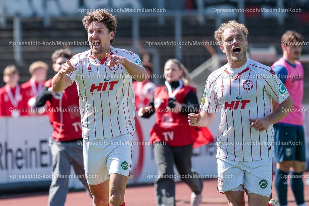 xsefx25042602016 | 25.04.2026, xsefx, Fußball, RL West, Fortuna Köln - SC Wiedenbrück, 31. Spieltag, Südstadion, Saison 2025 2026: Torjubel nach dem Tor zum 2:0 für den SC Fortuna Köln durch Torschütze Timo Bornemann (SC Fortuna Köln, 19) zusammen mit Enzo Wirtz (SC Fortuna Köln, 9) DFB regulations prohibit any use of photographs as image sequences and or quasi-video. Photo: xSabinexEffgenxPressefotoKochx