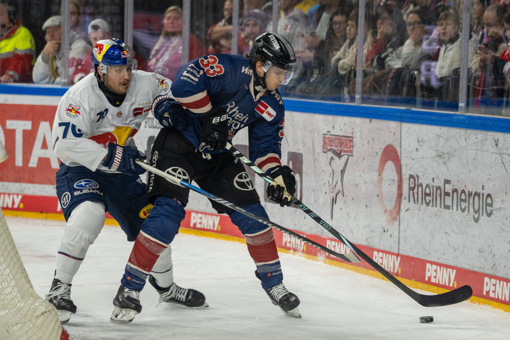 DEL, Deutsche Eishockey Liga Saison 2024/25, 33. Spieltag: Kölner Haie gegen Red Bulls München | 11.10.2024, DEL, Deutsche Eishockey Liga Saison 2024/25, 33. Spieltag: Kölner Haie gegen Red Bulls MünchenBild: Tim Wohlgemuth (33, Köln) und Maximilian Daubner (70, München) - Realisiert mit Pictrs.com