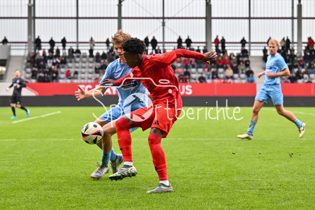 FC Bayern München U19 - TSV 1860 München U19 | im Duell Clemens LIPPMANN (TSV 1860 Muenchen U19 #2) und Mike WISDOM (FCB #11) / Zweikampf / U19 DFB Nachwuchsliga: FC Bayern Muenchen U19 - TSV 1860 Muenchen U19, FC Bayern Campus am 02.11.2024