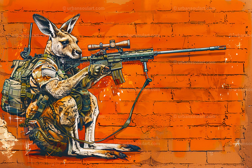 Soldier As a Kangaroo With Backpack And Weapon | A playful yet edgy illustration of a kangaroo in soldier gear, complete with a backpack and weapon. Perfect for unique, quirky spaces with a sense of humor. - Realisiert mit Pictrs.com