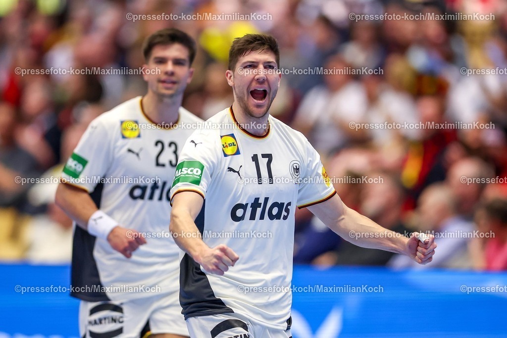 EHF15012602046 | 15.01.2026, Handball, Men's EHF EURO 2026, Deutschland - Östereich, Jyske Bank Boxen in Herning, Dänemark, Preliminary Round:  Lukas Zerbe (Germany #17) jubelnd