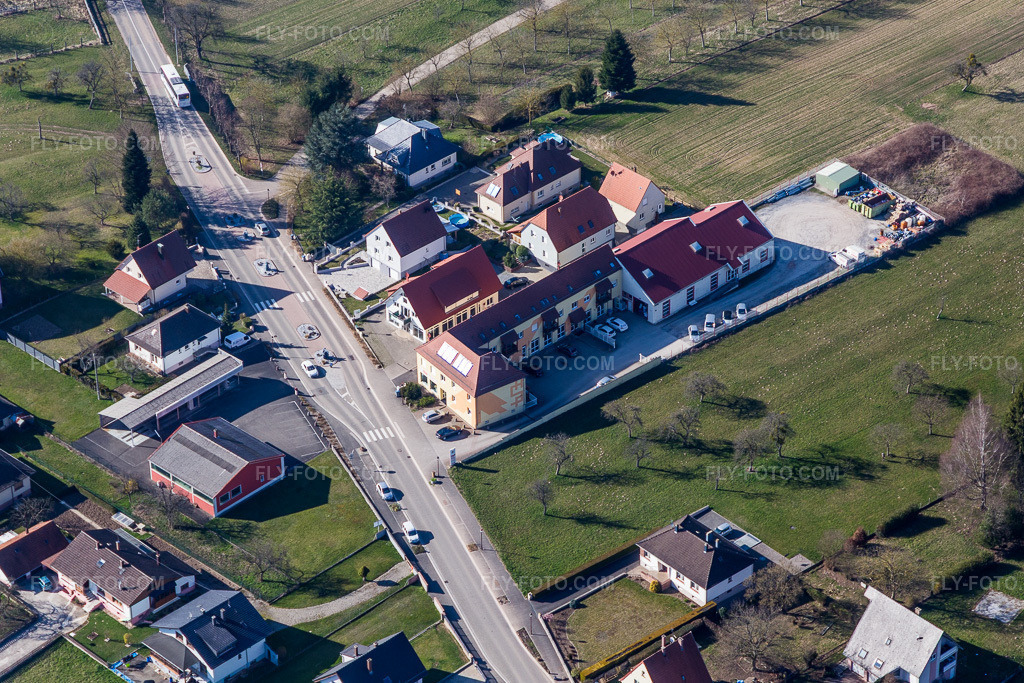 Aerial view: Sce Henri Strohm shopping center in Betschdorf in the state Bas-Rhin, France.Photo: IMG_097452.jpg taken on 03/16/2017 by Werner Riehm/FLY-FOTO.comResolution of the original: 5076 x 3384 px