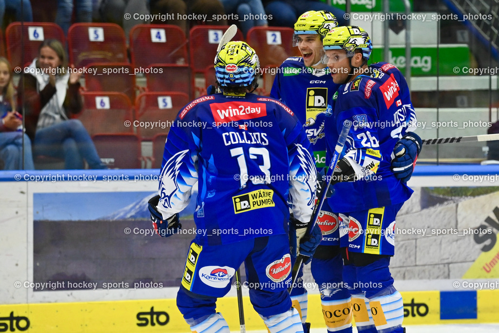 EC IDM Wärmepumpen VSV vs. Graz 99ers 2.10.2022 | Jubel EC VSV Mannschaft, #13 Collins Chris, #52 Rivett-Mattinen Nicolas, #28 Joslin Derek