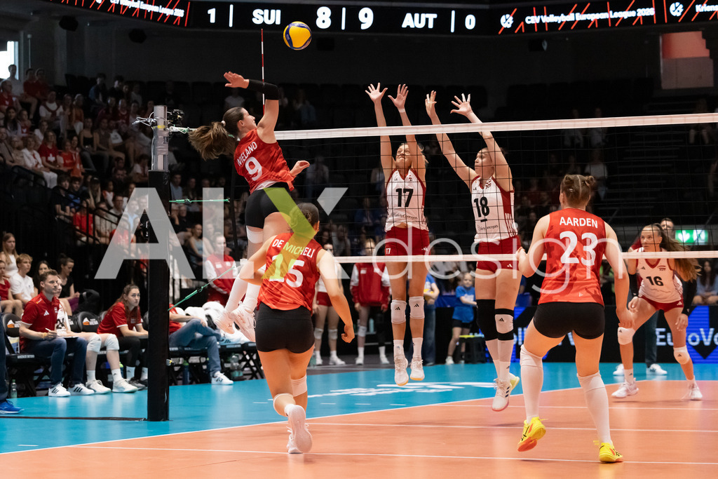 Austria v Switzerland - CEV European League Women | KRIENS, SWITZERLAND - JUNE 14: SARINA WIELAND of Switzerland attack / spike against DANA SCHMIT of Austria and NINA NESIMOVIĆ of Austria double block during the CEV European League match between Austria and Switzerland at Pilatus Arena on June 14, 2026 in Kriens, Switzerland. - Realisiert mit Pictrs.com