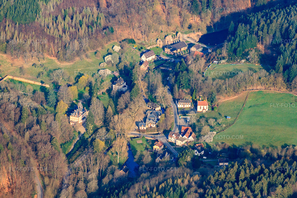 Aerial view: Jaegerthal district from the east in Windstein in the state Bas-Rhin, France.Photo: IMG_63699.jpg taken on 03/30/2014 by Werner Riehm/FLY-FOTO.comResolution of the original: 4551 x 3034 px
