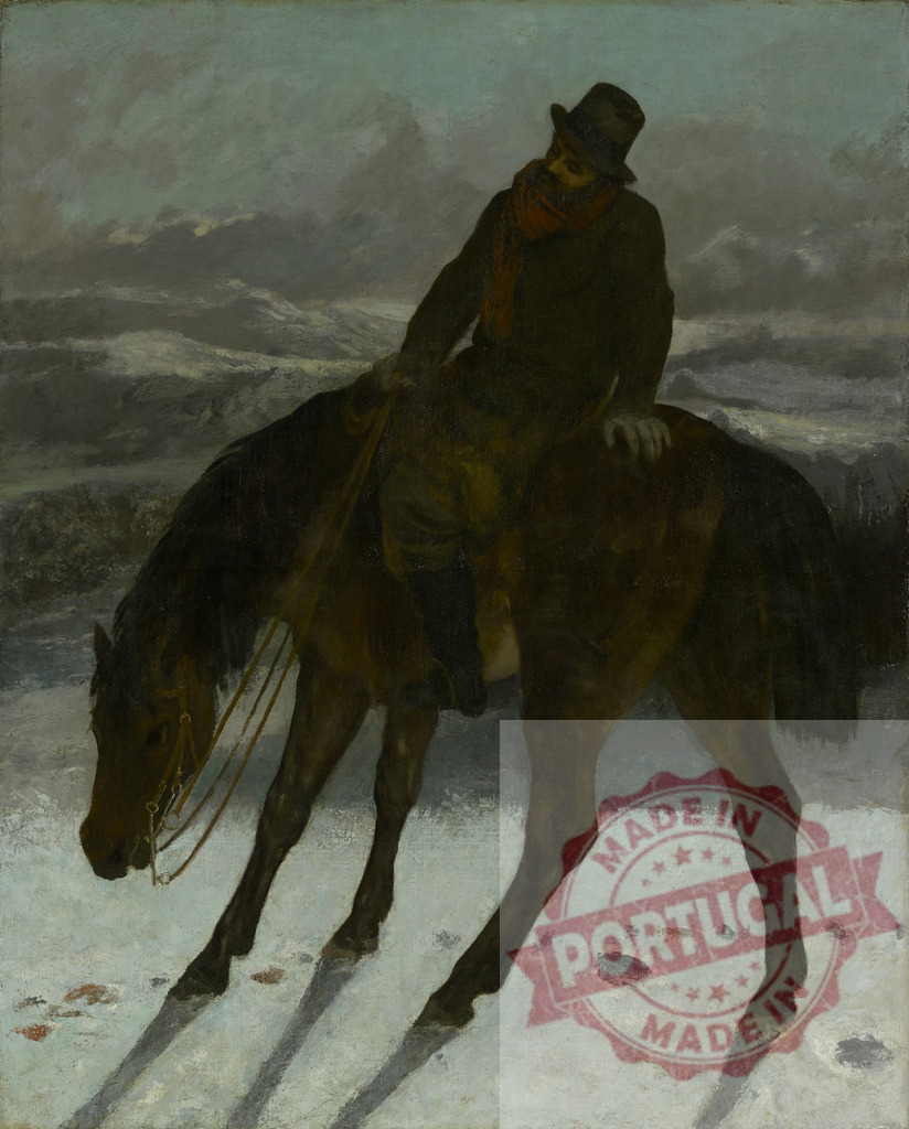 Gustave Courbet Man riding horse through snow on winter journey | Man on horseback traveling during cold weather, feeling loneliness and exhaustion - Realized with Pictrs.com