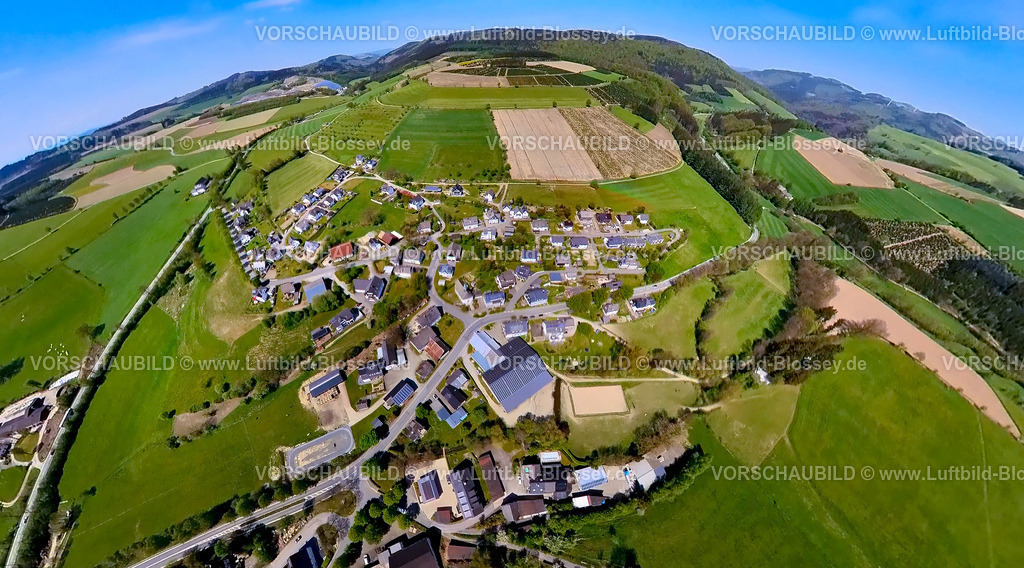 Schmallenberg240590294Westernboedefeld | Luftbild, Wohngebiet Ortsansicht Ortsteil Westernbödefeld umgeben von Wiesen und Feldern, Erdkugel, Fisheye Aufnahme, Fischaugen Aufnahme, 360 Grad Aufnahme, tiny world, little planet, fisheye Bild, Bödefeld, Schmallenberg, Sauerland, Nordrhein-Westfalen, Deutschland