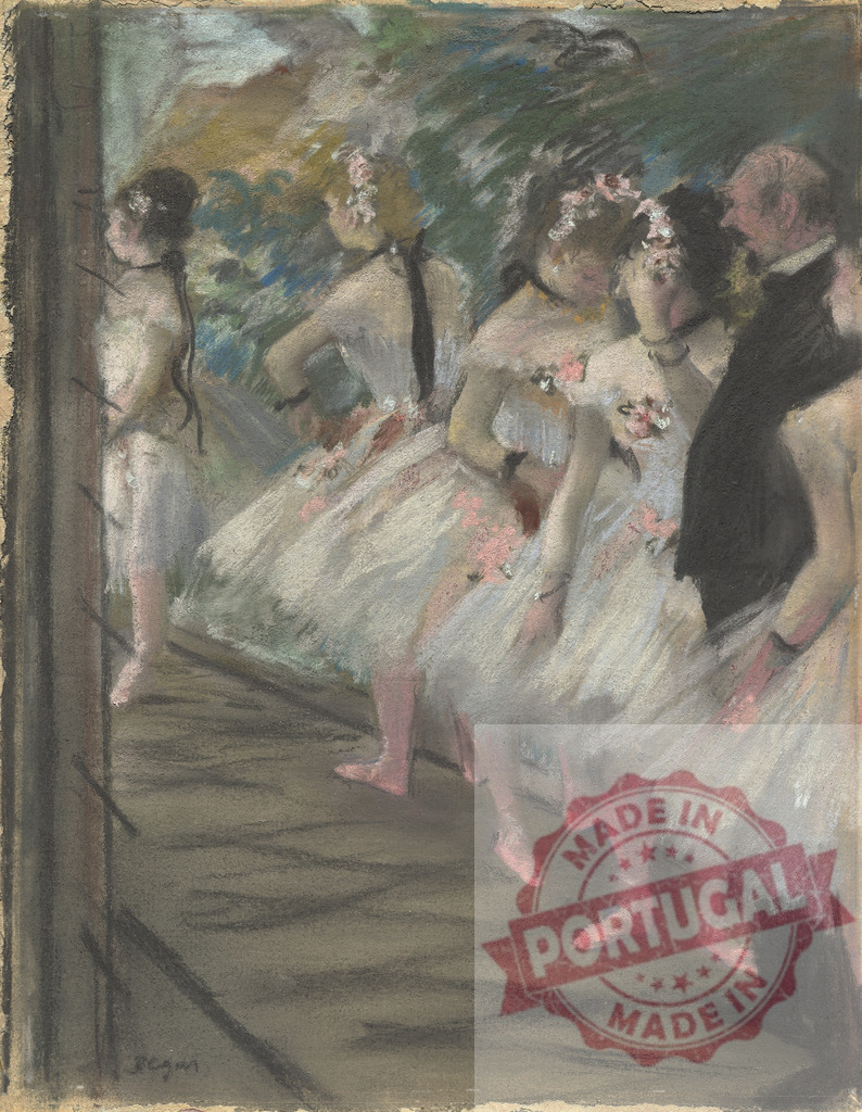 Edgar Degas Edgar Degas ballet dancers backstage preparing | Ballerinas and a gentleman standing backstage, an Impressionist pastel artwork - Realized with Pictrs.com