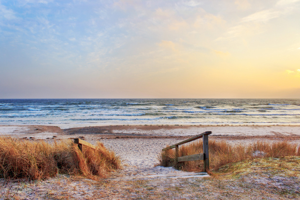 Wandbild: Treppe an den Sandstrand im Morgenrot | Dieses Wandbild im Querformat zeigt eine malerische Treppe an den Sandstrand im Morgenrot. Neben der Treppe befindet sich Strandgras. Der Himmel leuchtet von orange bis blau.  - Realisiert mit Pictrs.com