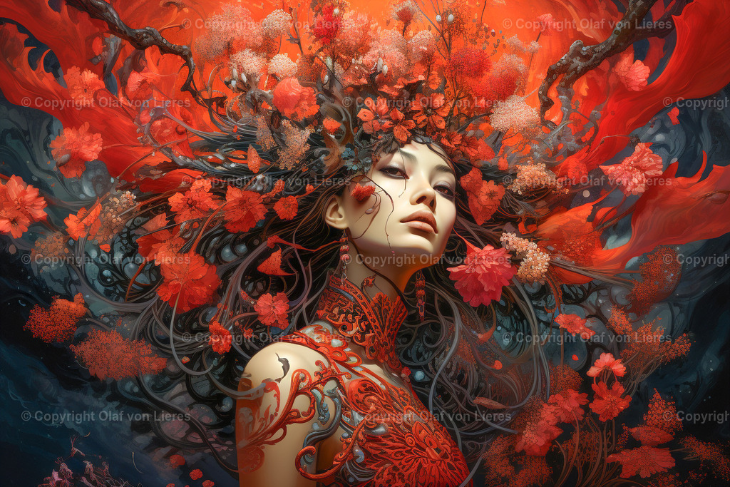 fantasy Frauengesichter | Frau mit roten Blumen