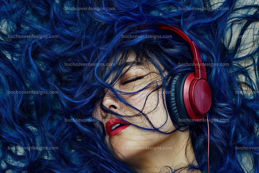Gesicht einer Frau mit Kopfhörer (188) | face of a woman with blue colored hairs spread over the entire surface of the image, with a red headphone - close up - studio light - true strong colors - high detail --chaos 5 --ar 3:2 --stylize 50 --weird 200 --v 6.1 Job ID: b9bfbfec-6910-4a7c-9d85-a6ab1e8af376