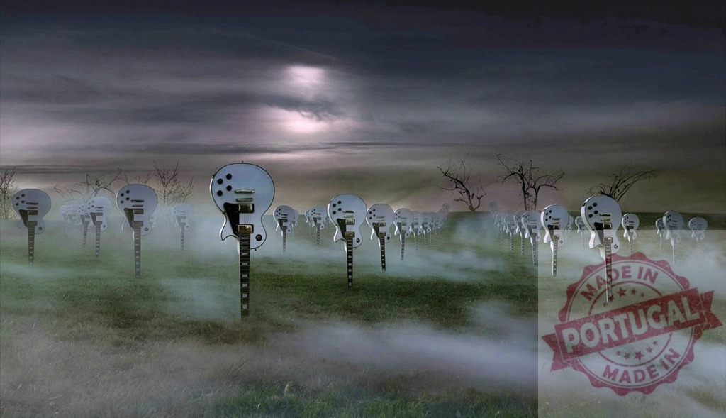 Electric guitars standing in a misty field at night creating a surreal graveyard landscape | White electric guitars planted in a field at night, evoking a surreal graveyard landscape under a stormy sky - Realized with Pictrs.com