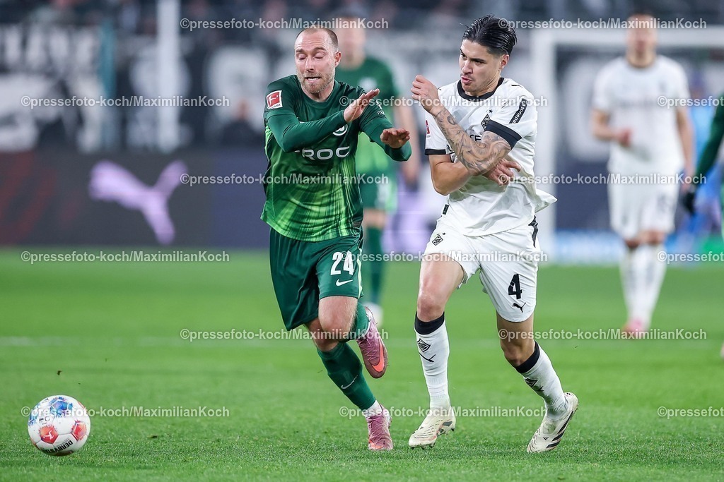 BMG13122502172 | 13.12.2025, Fußball, Borussia Mönchengladbach - VfL Wolfsburg, 1. Fußball Bundesliga, 14.Spieltag, Borussia-Park, Saison 2025 2026: Christian Eriksen&nbsp;(VfL Wolfsburg #24) im Zweikampf gegen  Kevin Diks&nbsp;(Borussia Mönchengladbach #04)  DFB regulations prohibit any use of photographs as image sequences and or quasi-video.