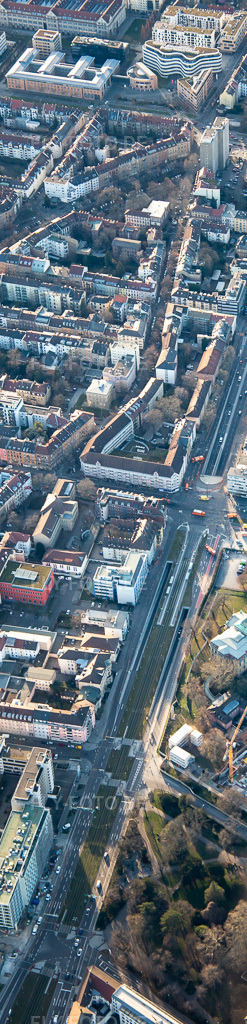 Luftbild: Kaiserallee x Karlstr im Ortsteil Südweststadt in Karlsruhe im Bundesland Baden-Württemberg in Deutschland. Foto: IMG_135986.jpg vom 21.02.2023 durch Werner Riehm/FLY-FOTO.de
