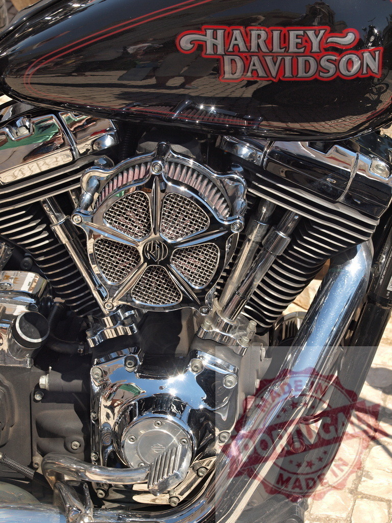Harley-Davidson motorcycle engine with chrome details | Harley-Davidson V-twin engine gleaming with chrome and metal details on a sunny day - Realisiert mit Pictrs.com