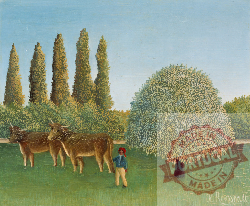 Henri Rousseau naive art painting displaying a peasant with cows. Henri Rousseau | Peasant with two cows standing in a green pasture under a blue sky, featuring folk art style - Realized with Pictrs.com