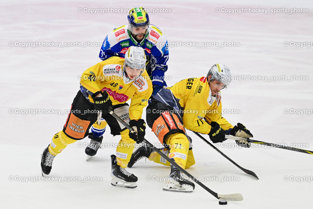 EC IDM WÄRMEPUMPEN VSV vs. Vienna Capitals | #71 Erik Kirchschläger Vienna Capitals, #49 Maximilian Theirich Vienna Capitals, #71 Steven Strong EC VSV, EC IDM WÄRMEPUMPEN VSV vs. Vienna Capitals, EC IDM WÄRMEPUMPEN VSV vs. Vienna Capitals am 16.11.2025 in Villach (Stadthalle Villach), Austria, (Photo by Bernd Stefan)