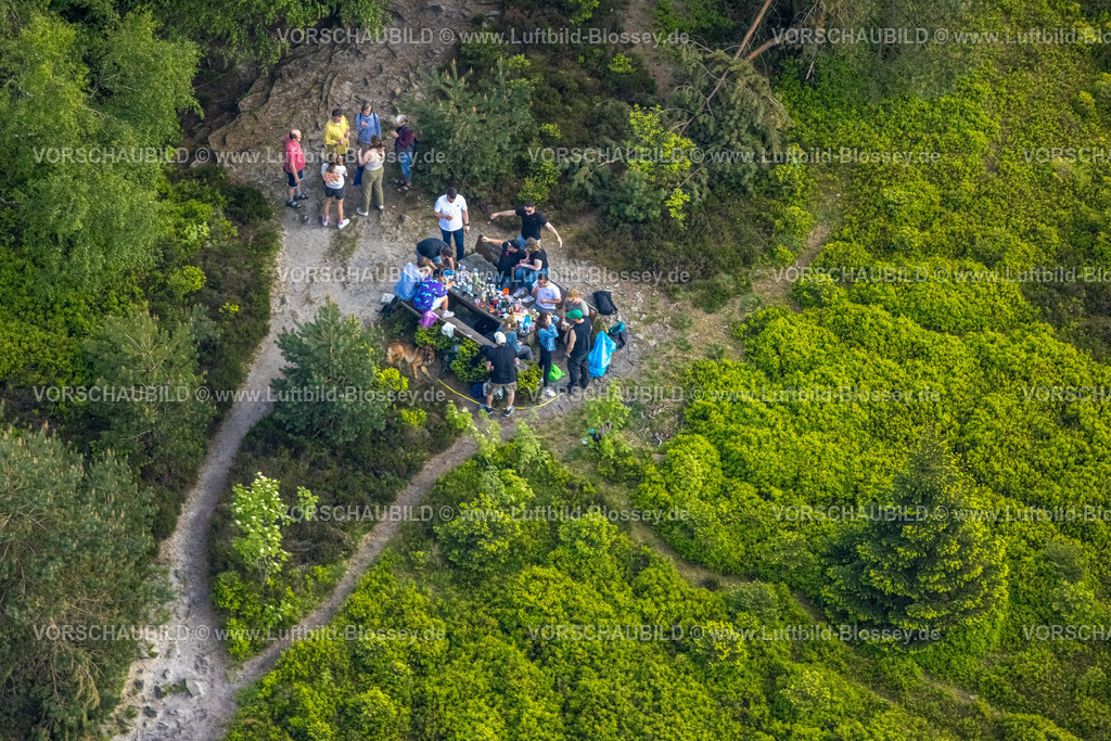 Horn-BadMeinberg240505827LippischerVelmerstot_TeutoburgerWald | Luftbild, Wandergruppe macht Rast in einem Waldstück am Eggeosthang, Waldschäden, Teutoburger Wald, Leopoldstal, Horn-Bad Meinberg, Ostwestfalen, Nordrhein-Westfalen, Deutschland