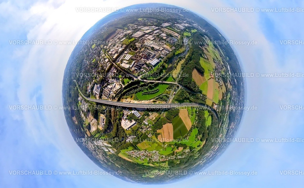 Hagen230990031 Lennetalbruecke A45 | Luftbild, Lennetalbrücke der Autobahn A45 mit Baustelle, BILSTEIN GmbH Hagen-Berchum, Gewerbegebiet Fley und Lenne-Aue Renaturierung mit Brücke Industriestraße, Erdkugel, Fisheye Aufnahme, Fischaugen Aufnahme, 360 Grad Aufnahme, tiny world, Lennetal, Hagen, Ruhrgebiet, Nordrhein-Westfalen, Deutschland