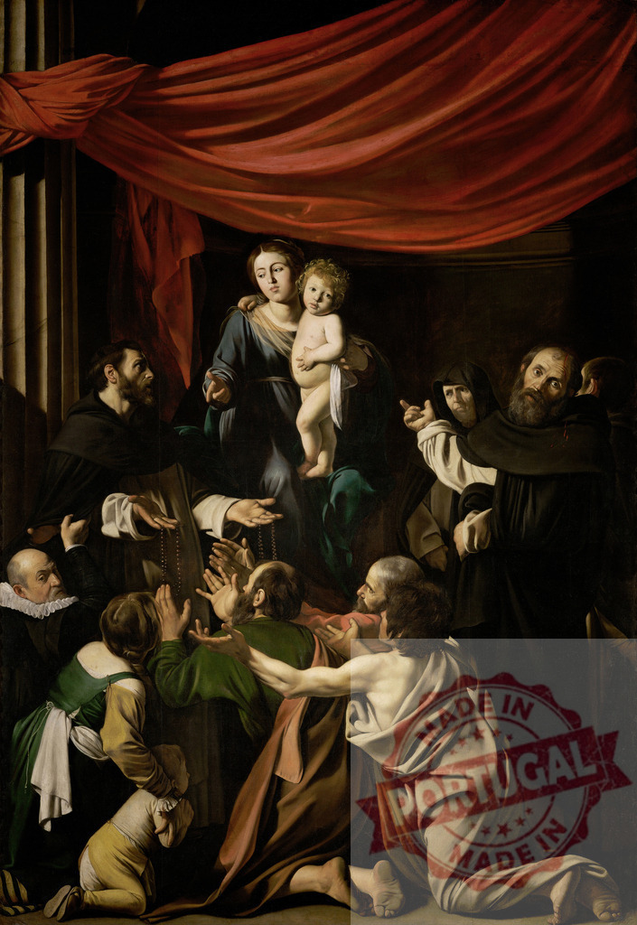 Art by Carravagio Virgin Mary and Christ Child granting rosaries to a kneeling crowd | Virgin Mary and Christ Child appearing to St. Dominic providing rosaries to a kneeling crowd - Realisiert mit Pictrs.com