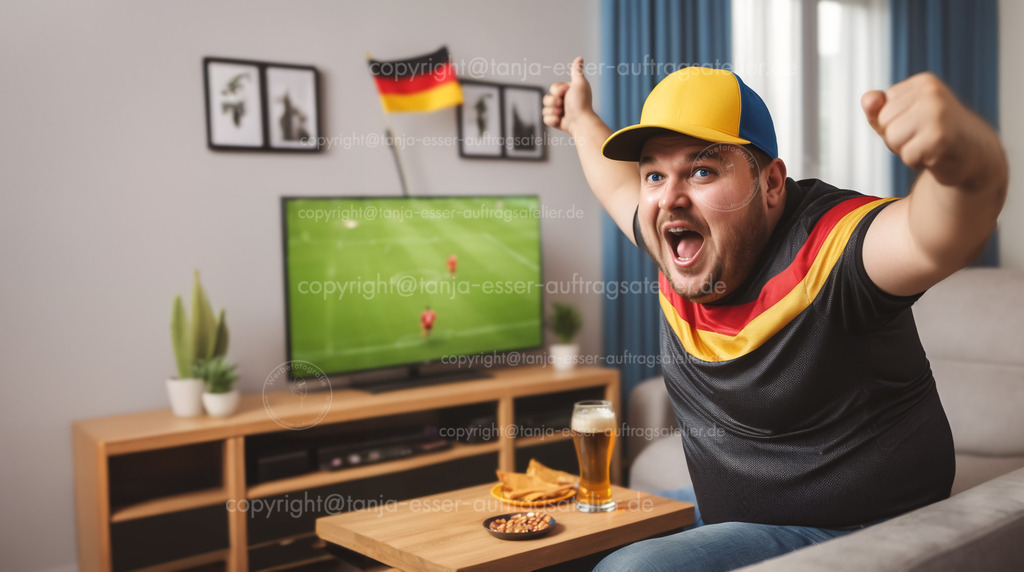 Fußball Fan schaut zuhause ein Deutschland Spiel im Fernsehen. | Aufgeregter Fan des deutschen Fußballs schaut im Wohnzimmer auf dem Fernseher ein europäisches Fußballspiel. Er hat glückliche Emotionen und macht Siegerpose. Er ist 30 Jahre alt und etwas mollig, trägt ein Fußball Trikot. KI generiertes Bild überarbeitet. 