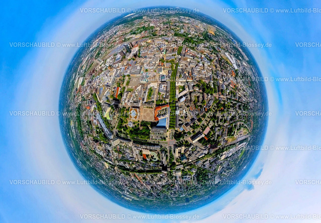 Dortmund240590428Kleppingstrasse_Zentrum_City_Wallring | Luftbild, Innenstadt Zentrum Ansicht, Hbf Hauptbahnhof, Wallring Straßen und schwarzes Hochhaus RWE Tower, und Einkaufsstraße Westenhellweg, Rathaus und Friedensplatz, Erdkugel, Fisheye Aufnahme, Fischaugen Aufnahme, 360 Grad Aufnahme, tiny world, little planet, fisheye Bild, City, Dortmund, Ruhrgebiet, Nordrhein-Westfalen, Deutschland