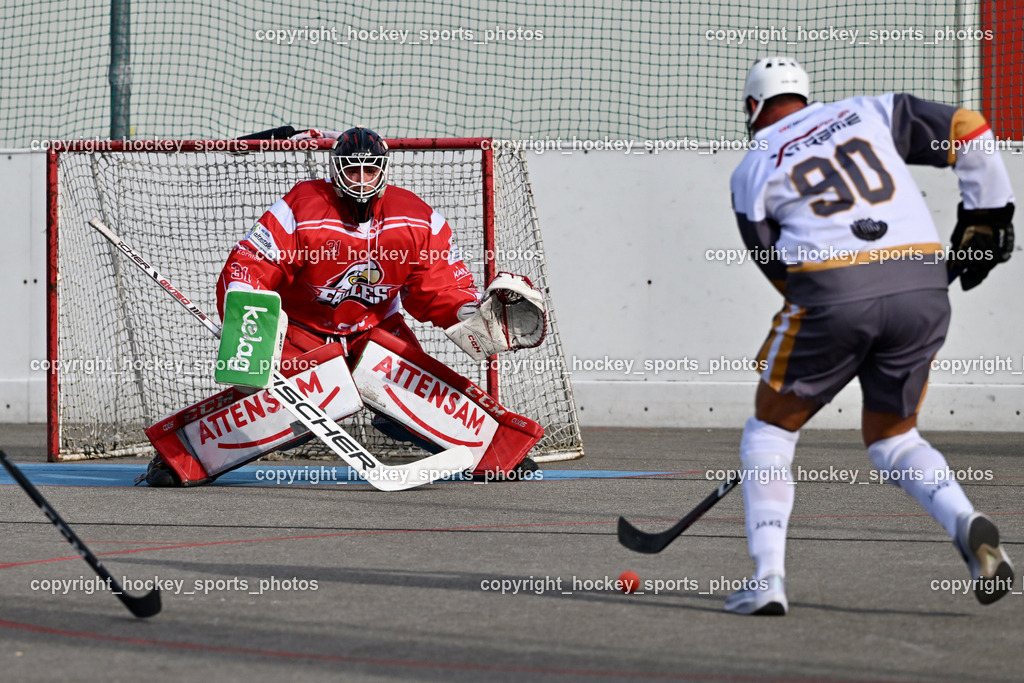 VAS Ballhockey vs. HSC Eagles Poggersdorf | #31 Sicher Michael, #90 Edlinger Patrick, VAS Ballhockey vs. HSC Eagles Poggersdorf, VAS Ballhockey vs. HSC Eagles Poggersdorf am 14.07.2024 in Villach (Alpen Arena ), Austria, (Photo by Bernd Stefan)