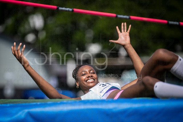 B&amp;S Kurpfalz Gala; Weinheim, 23.05.2026 | WEINHEIM, GERMANY - MAY 24: Highjumper Blessing Enatoh (GER/LG Nord Berlin) emotional laughing during the B&amp;S Kurpfalz Gala am 23.05.2026 at the  Sepp-Herberger-Stadium in Weinheim (Baden-Wuerttemberg / Germany).