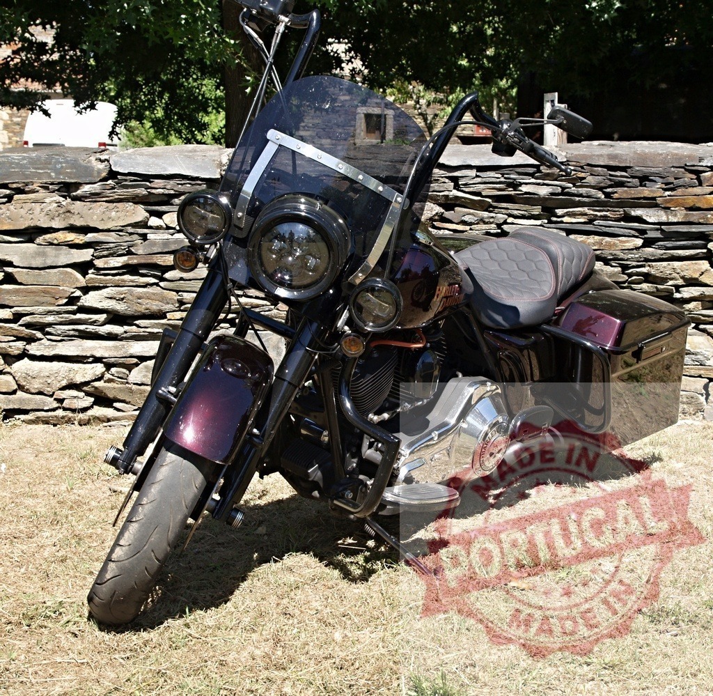 Harley-Davidson road king special posing in front of stone wall | Customized Harley-Davidson Road King Special motorcycle is parked on grass in front of a stone wall - Realized with Pictrs.com
