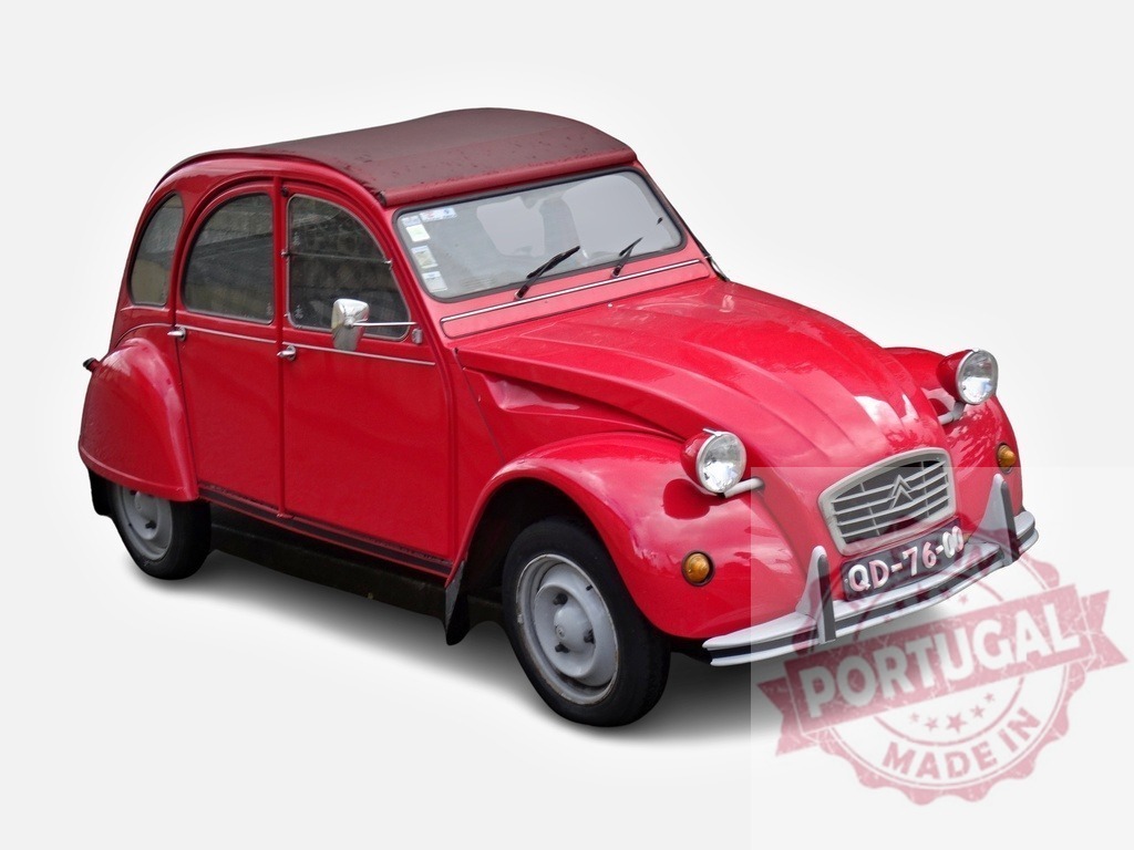 Red Citroën 2CV parked, showing its front and side | Classic red Citroën 2CV car parked on a white background - Realisiert mit Pictrs.com