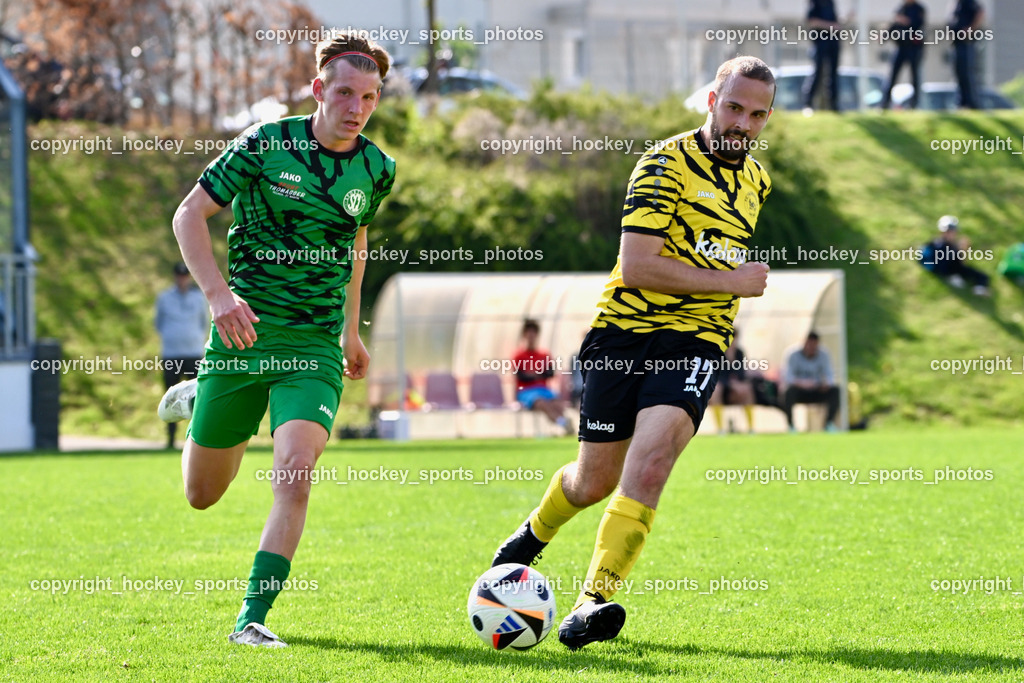SC Landskron vs. FC Faakersee | #23 Jona Jakob Steinwender SC Landskron, #17 Matteo Scheucher FC Faakersee, SC Landskron vs. FC Faakersee, SC Landskron vs. FC Faakersee am 27.04.2025 in Villach (Sportanlage Landskron), Austria, (Photo by Bernd Stefan)