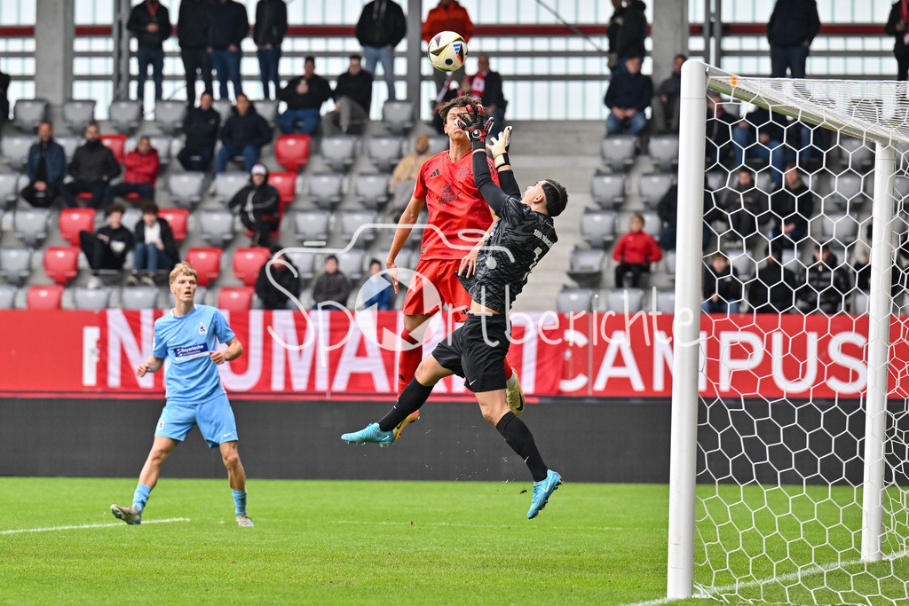 FC Bayern München U19 - TSV 1860 München U19 | Im Luftduell Jason ECKL (FC Bayern U19 #17) und Miran QULA (TSV 1860 München U19 #1) / zweikampf / U19 DFB Nachwuchsliga: FC Bayern Muenchen U19 - TSV 1860 Muenchen U19, FC Bayern Campus am 02.11.2024