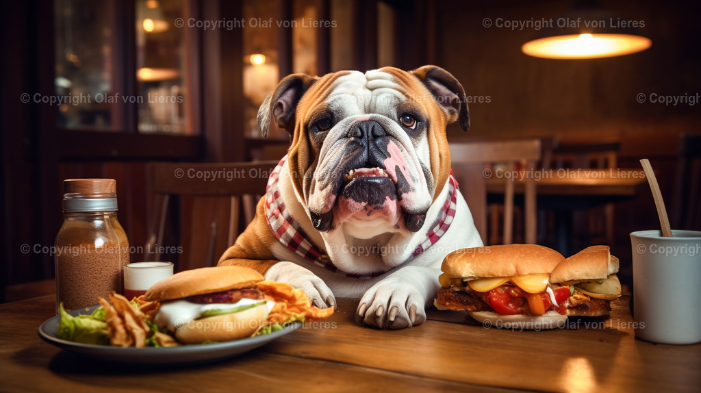 Hund mit Cheeseburger | Bulldogge mit Fastfood am Tisch