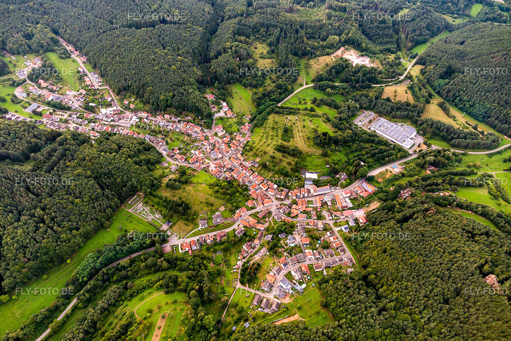 Von Wald und Forstgebieten umgebener Ortskern der Straßen und Häuser und Wohngebiete | Luftbild: Von Wald und Forstgebieten umgebener Ortskern der Straßen und Häuser und Wohngebiete in Schwanheim im Bundesland Rheinland-Pfalz in Deutschland. Foto: IMG_128467.jpg vom 21.08.2021 durch ©2025 Werner Riehm fly-foto.de/copyright - Realisiert mit Pictrs.com
