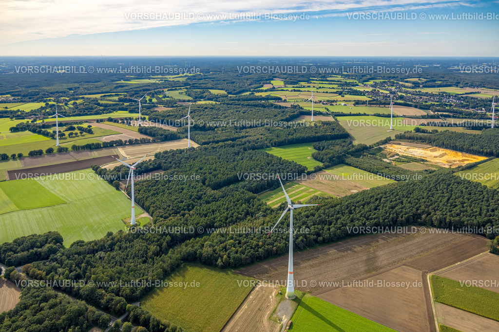 Haltern230905742 | Luftbild, Windräder im Waldgebiet mit Fernsicht, zwischen Münsterstraße und Lavesumer Straße, Uphusen, Haltern am See, Ruhrgebiet Münsterland, Nordrhein-Westfalen, Deutschland