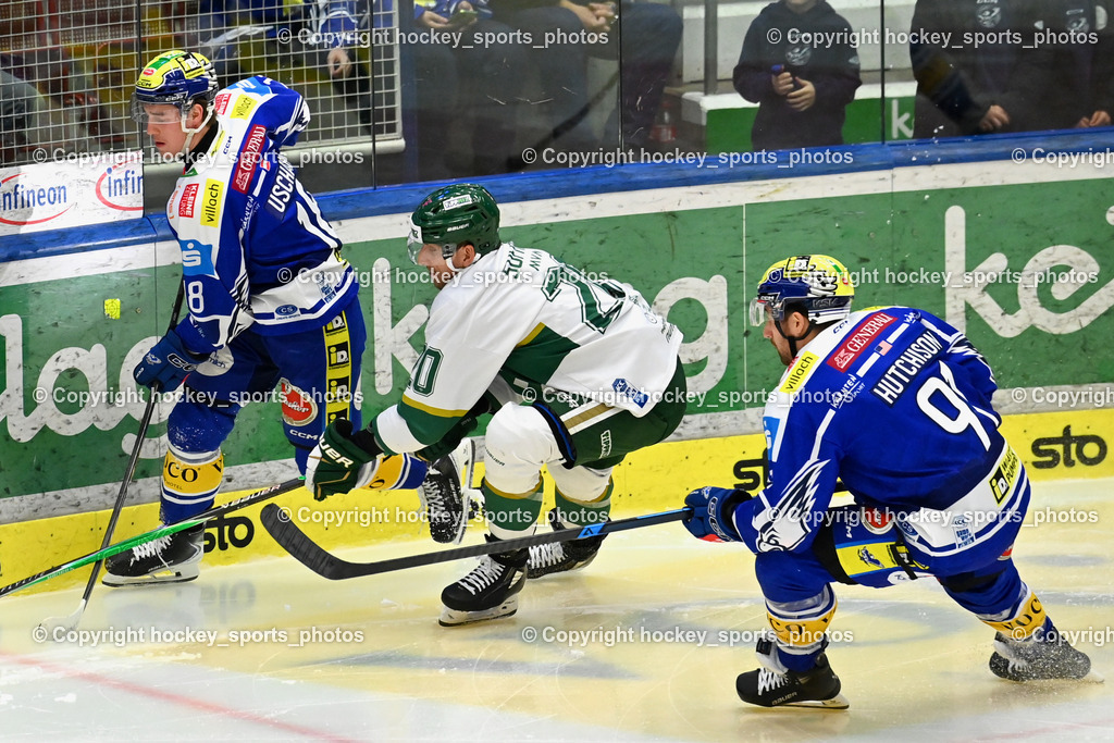 EC IDM WÄRMEPUMPEN VSV vs. FTC-TELEKOM JÉGKORONG | #91 Nick Hutchison EC VSV, #20 Istvan Sofron FTC-Telekom, #18 Nico Uschan EC VSV, EC IDM WÄRMEPUMPEN VSV vs. FTC-TELEKOM JÉGKORONG, EC IDM WÄRMEPUMPEN VSV vs. FTC-TELEKOM JÉGKORONG am 19.10.2025 in Villach (Stadthalle Villach), Austria, (Photo by Bernd Stefan)