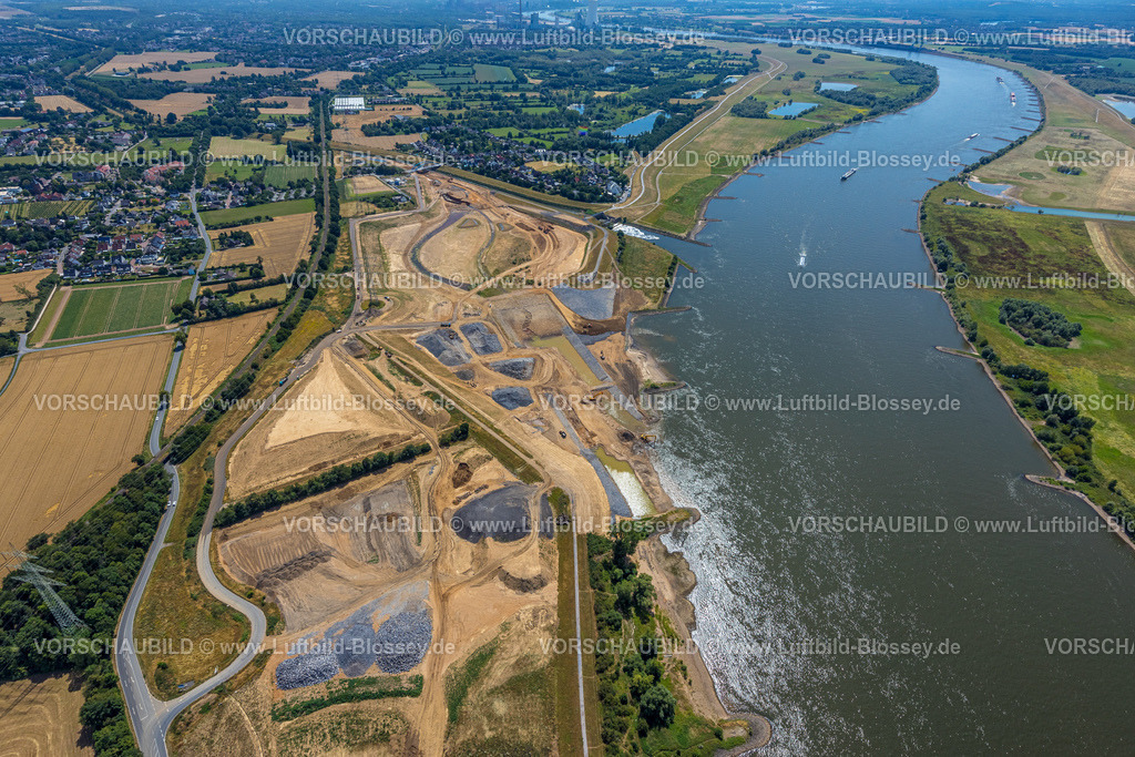 Voerde220702977 | Luftbild, Renaturierung Emschermündung, Fallbauwerk Emschermündung, Fluss Rhein und Rheinaue Auenlandschaft, Binnenschifffahrt, Möllen, Voerde, Ruhrgebiet, Nordrhein-Westfalen, Deutschland