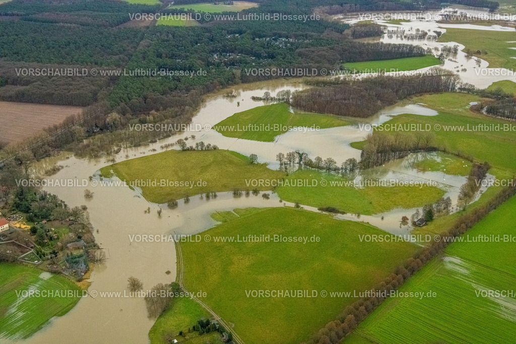 Datteln231204451Lippe | Luftbild vom Hochwasser der Lippe, Weihnachtshochwasser 2023, Fluss Lippe tritt nach starken Regenfällen über die Ufer, Überschwemmungsgebiet NSG LIppeaue am Vogelsangweg, Bäume im Wasser, Ahsen, Datteln, Ruhrgebiet, Nordrhein-Westfalen, Deutschland