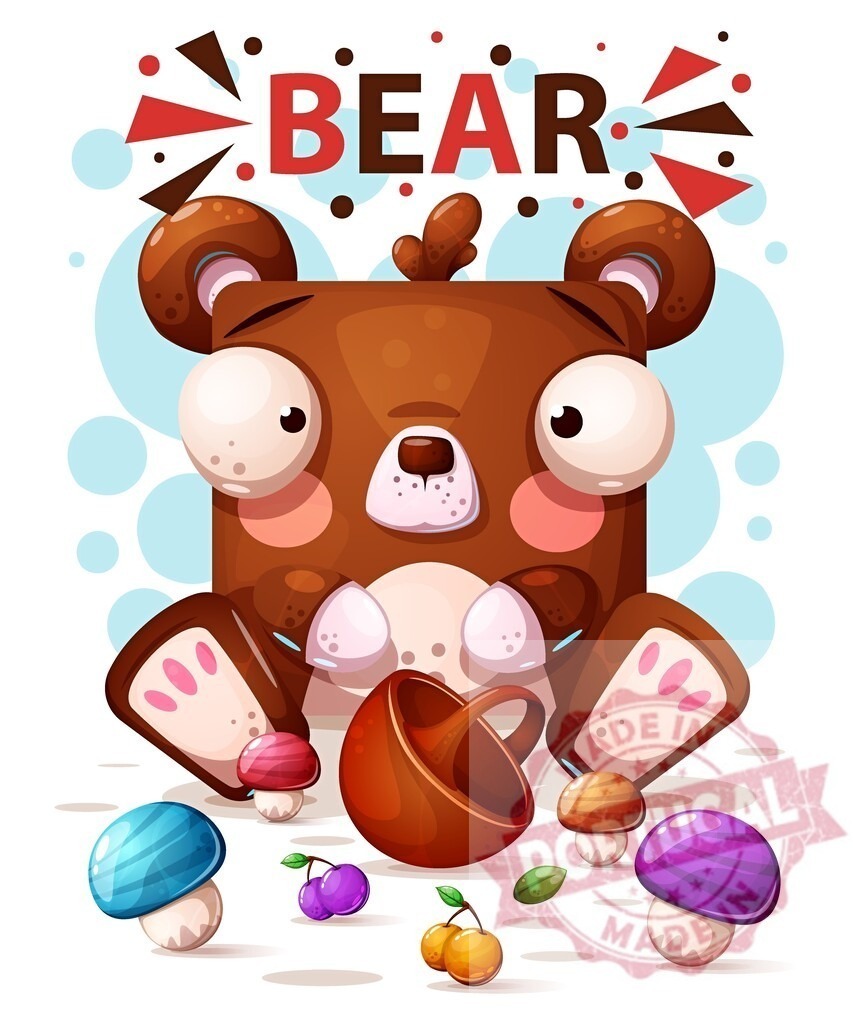 Cute animal bear collecting berries and mushrooms | Brown bear character holding a basket and gathering forest food items - Realisiert mit Pictrs.com